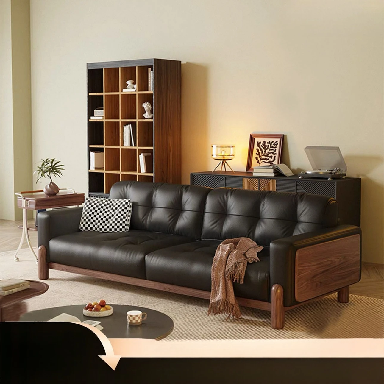 Jinyuan rice cake leather sofa black first layer cowhide living room retro straight row high-end solid wood sofa