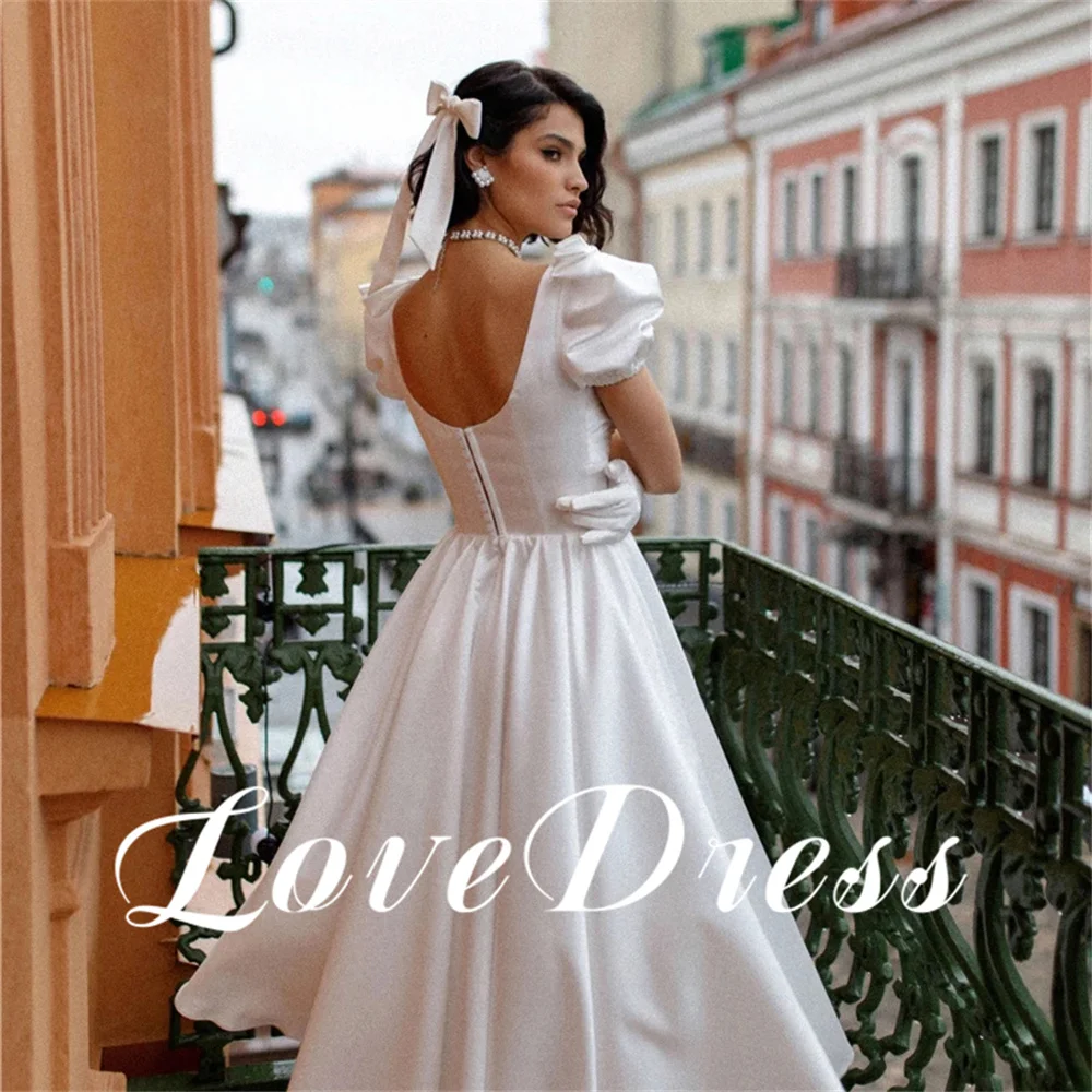 Love Elegant Ankle Length Sweetheart Pleated Stain Wedding Dress A-Line Short Puffy Sleeve Backless Bridal Gown Customized