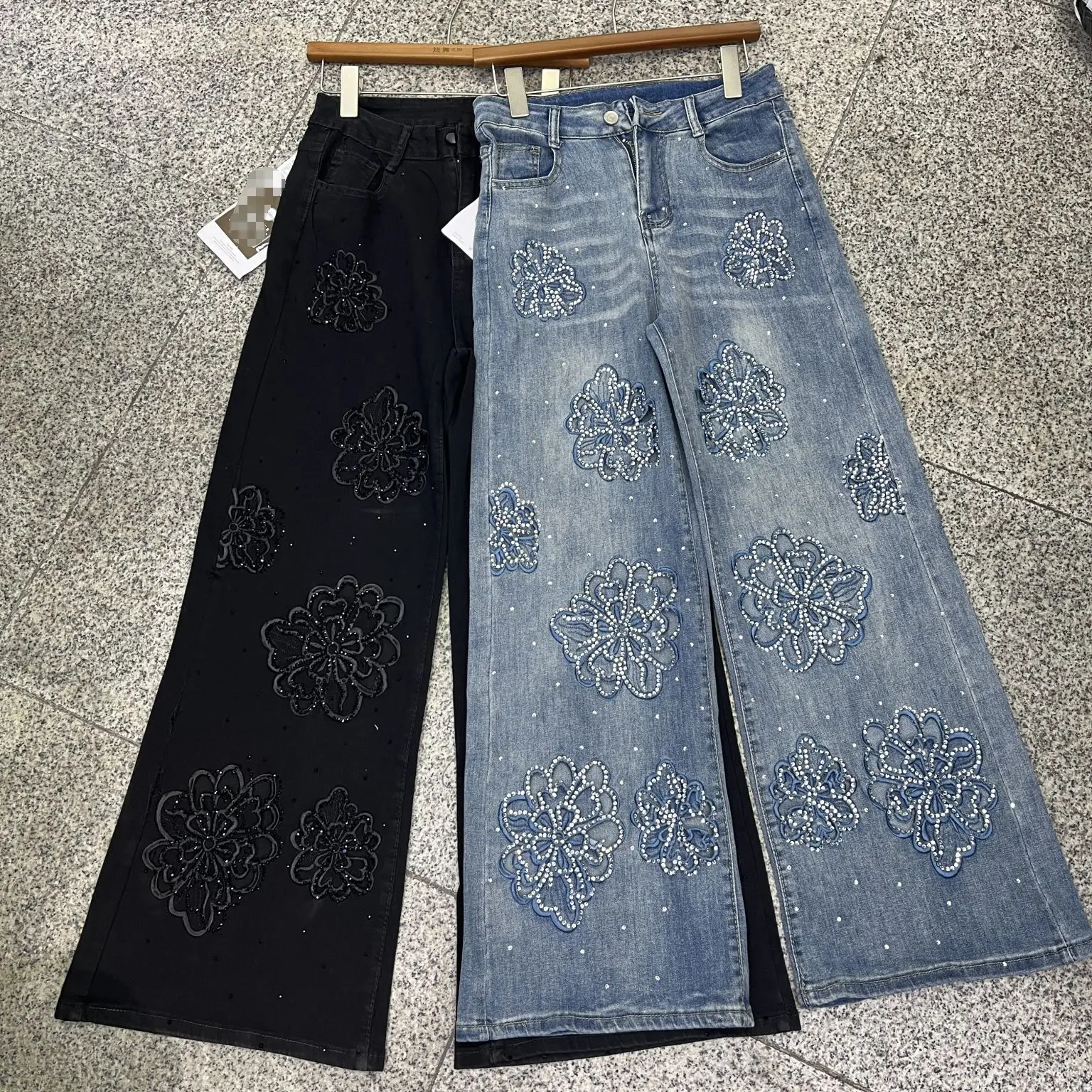 

Wide Leg Jeans Women Straight Pants Washed Jeans High Waist Casual Solid Distressed Denim Trousers Ankle Length Diamonds