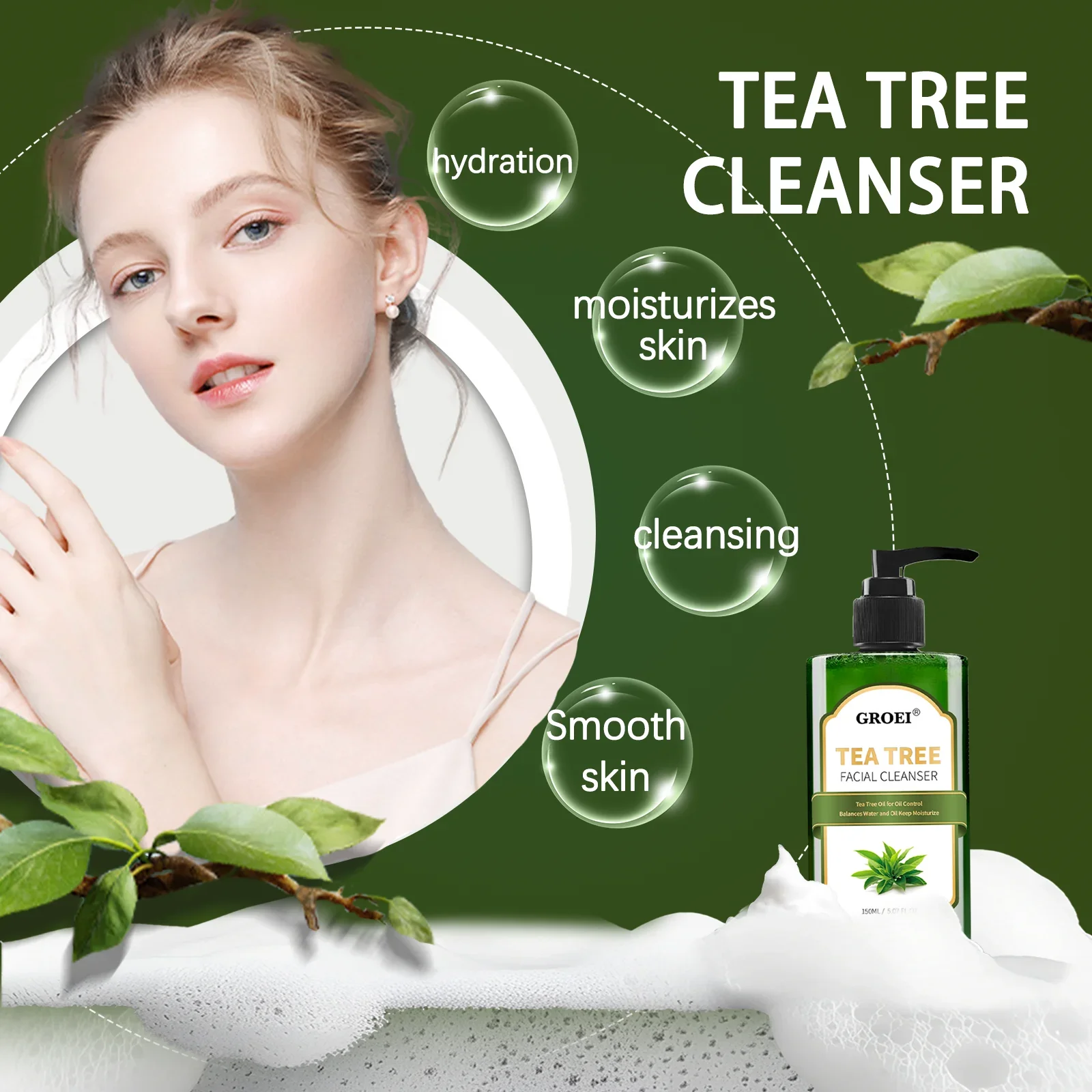 GROEI Tea Tree Facial Cleanser 150ml Deep Cleansing, Hydrating, Oil Control & Pore Tightening for Smooth Skin