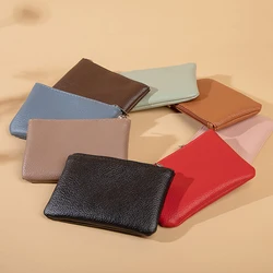 Retro Solid Color Mini Wallet Soft Leather Female Purse Coin Purse Short Wallets Zipper Keychain Clutch Bag Small Lady Purse