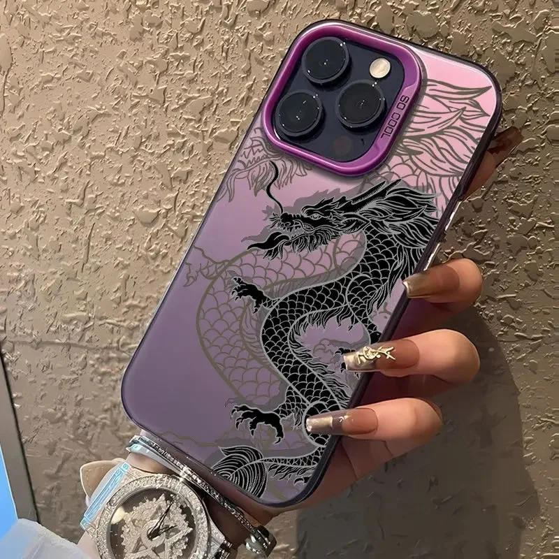 Luxury Cool Black Mysterious Dragon Case For iPhone 15 Pro Max 15 14 13 12 11 Pro XR XS 7 8 Plus Lens Protect Plating Covers