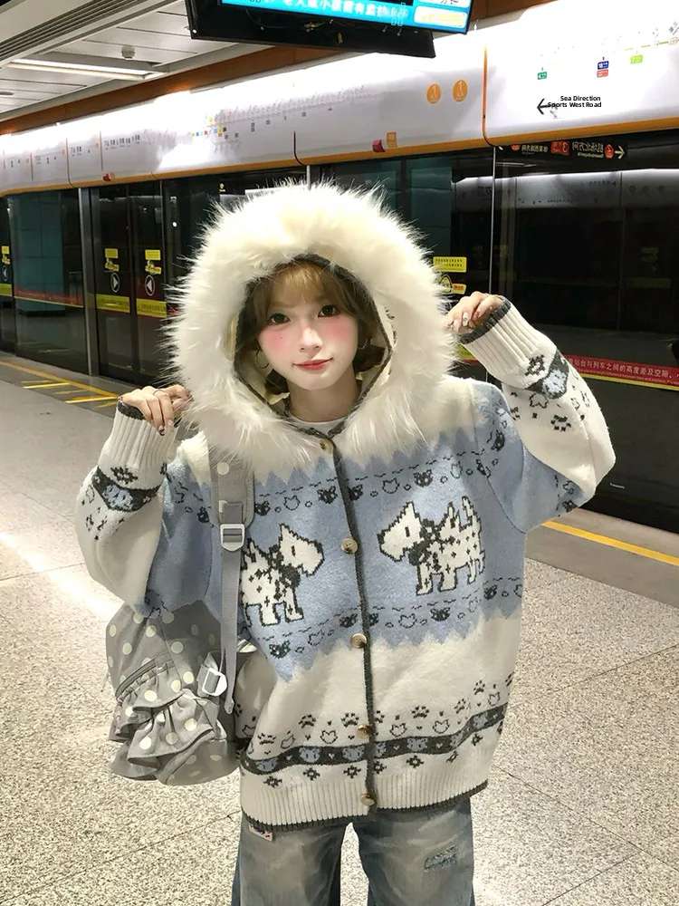 

Ретро-кардиган в американском стиле, женское зимнее пальто с меховым воротником и капюшоном, свитер с узором Fair Isle, свободный крой, длинный рукав, на молнии