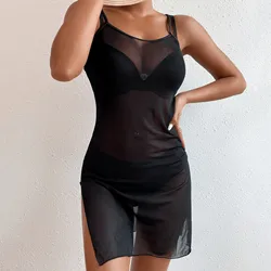 Vestido largo playero de malla transparente para mujer, Túnica Sexy con abertura alta