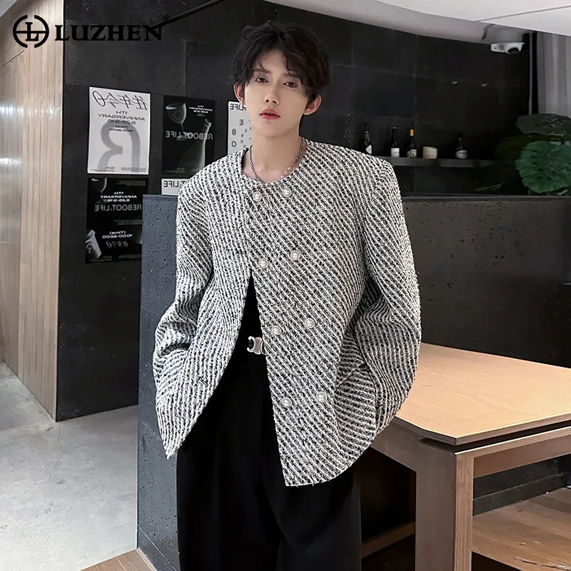 

Мужская куртка LUZHEN 2025 года, весенняя, двубортная, с наплечниками, модная, элегантная, высококачественная, в полоску, повседневная, JY5998