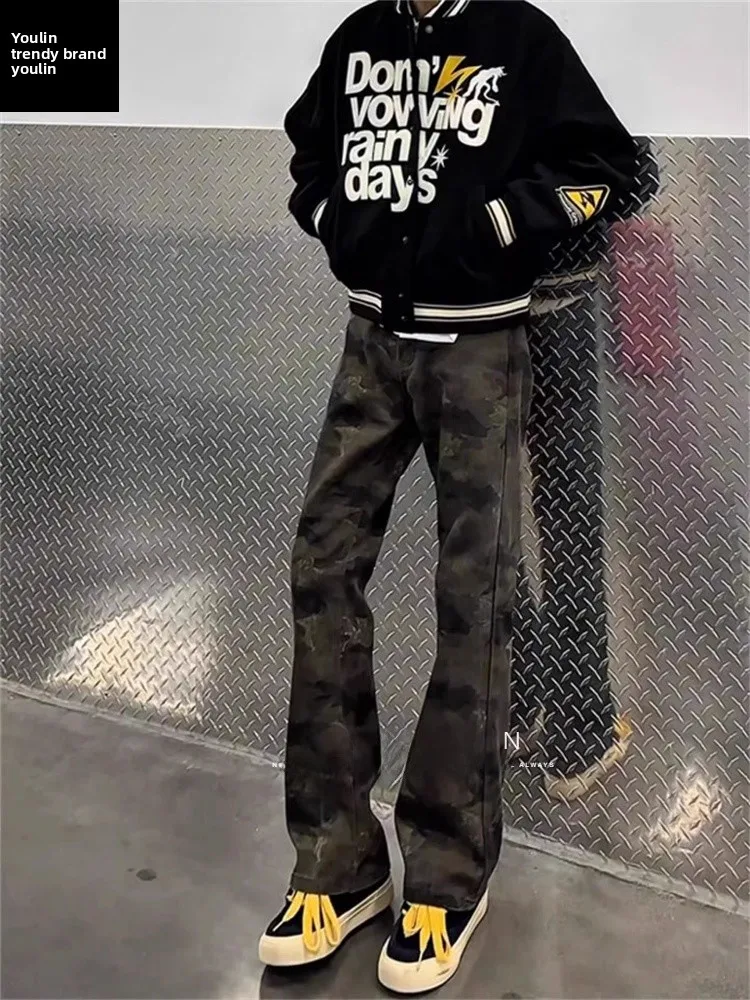 

Американские камуфляжные джинсы-клеш для мужчин, стильные прямые рабочие брюки в винтажном стиле, зауженные к низу