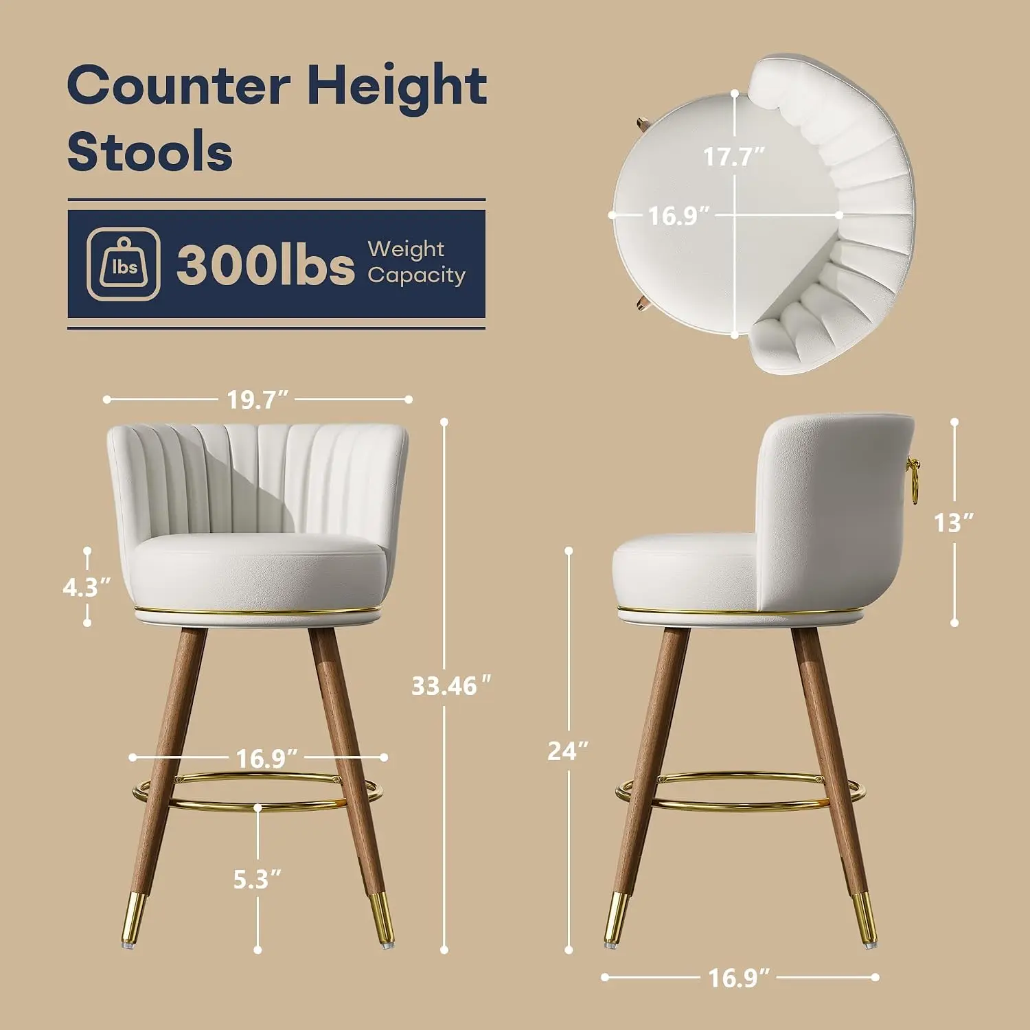24 Inch White Leather Swivel Counter Bar Stools Set of 2, Customized