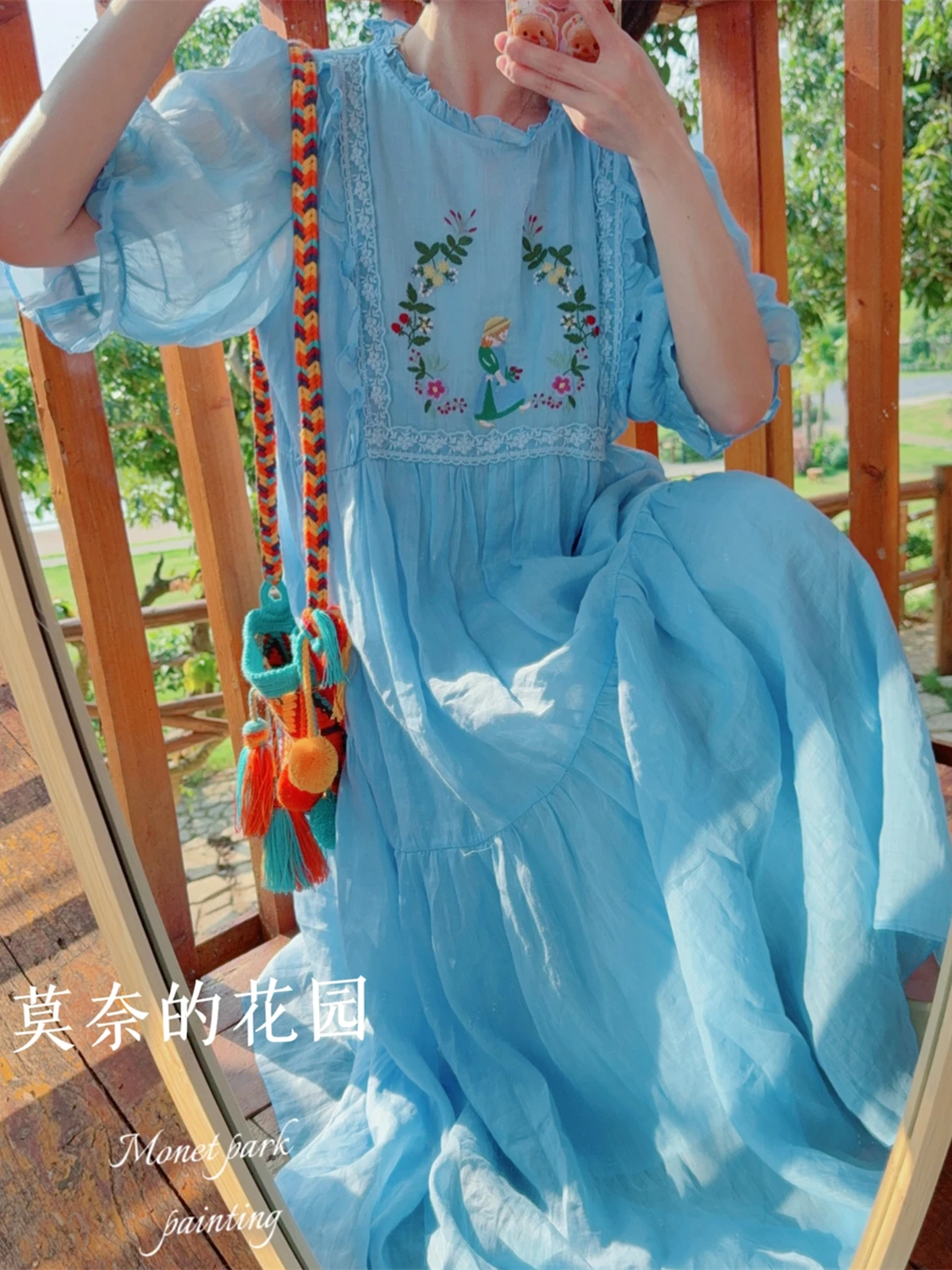 

TIYIHAILEY Spring Summer Women Embroidery Ramie Dress With Lining Lantern Sleeve Long Mid-Calf Ladies Loose A-line Blue Dresses