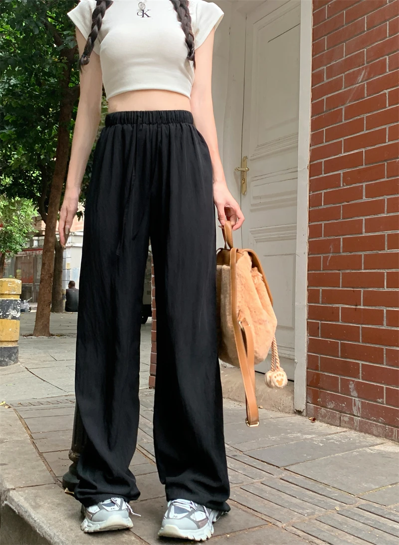 2024 Summer New Vertical Loose Casual Wide Leg Pants High Waist Draw Rope Straight Pants Women