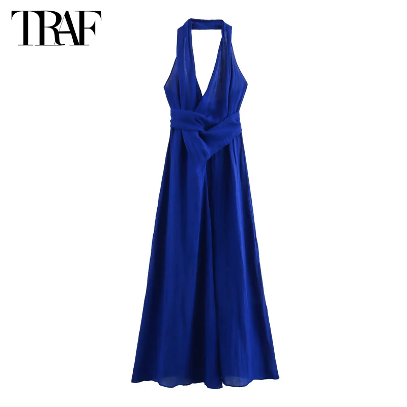 TRAF 2024 Blue Slip Maxi Dress Women Sexy Backless Long Dresses for Women Summer Evening Womens Dresses Knot Halter Female Dress