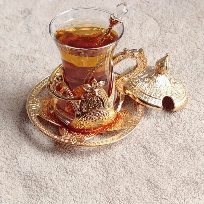 

Black Tea Cup Golden Tulip Covered Transparent Glass
