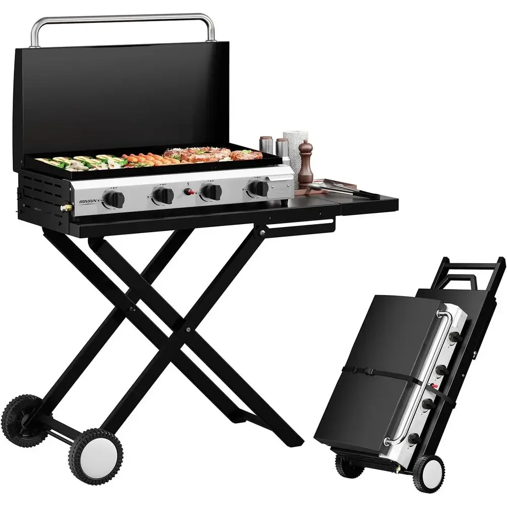 Portable 4-Burner Propane Griddle with Wheels, Enameled Tray, Lid, and Electronic Ignition for Outdoor Cooking and Camping BBQ T