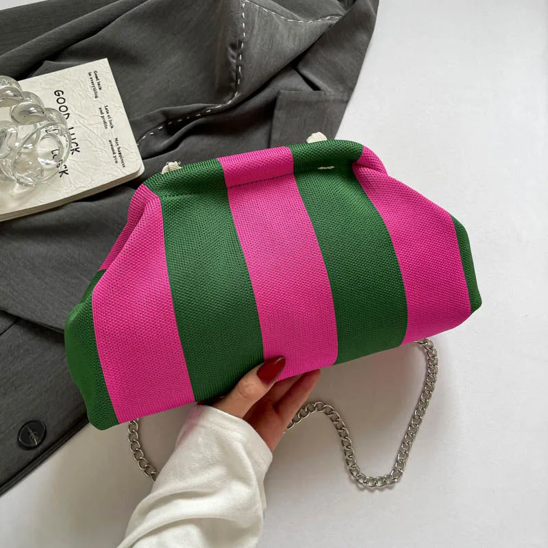 

Летний пляжный клатч, женская модная вязаная тканевая сумка, маленькая сумка через плечо с клецками, дизайнерская полосатая сумка-облако с рюшами