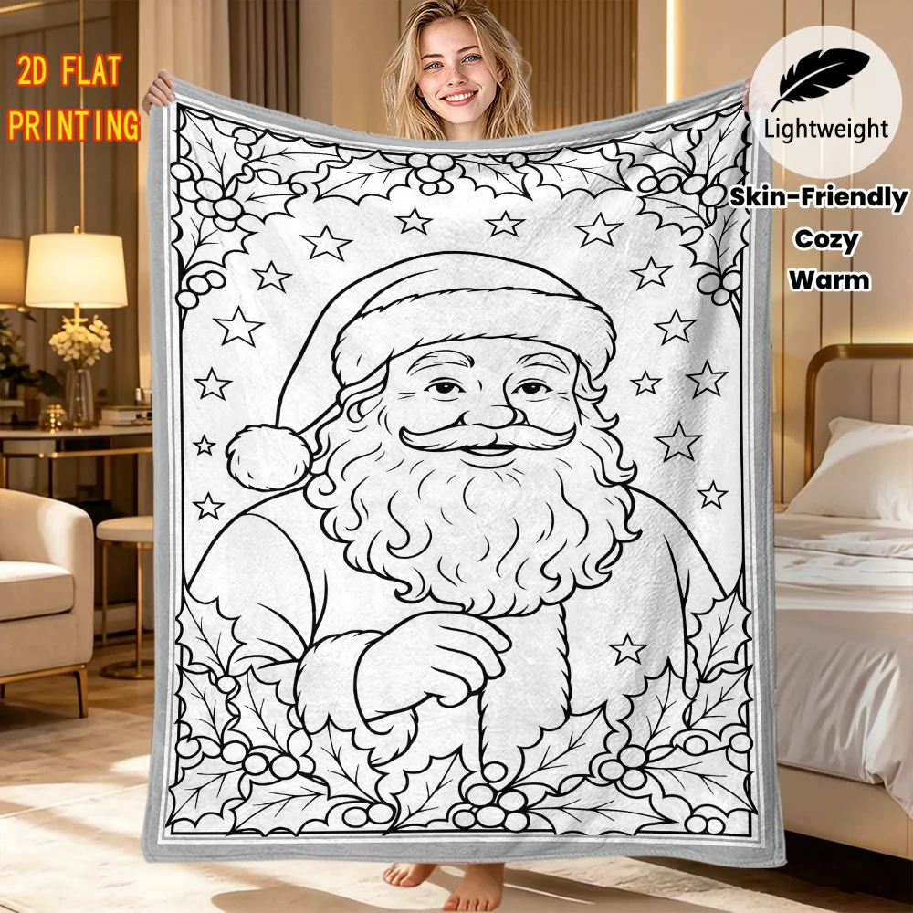 Creative Art Craft DIY blanket Christmas Doodle Elements Black White Line Coloring Blanket Washable Throw Holiday Supply
