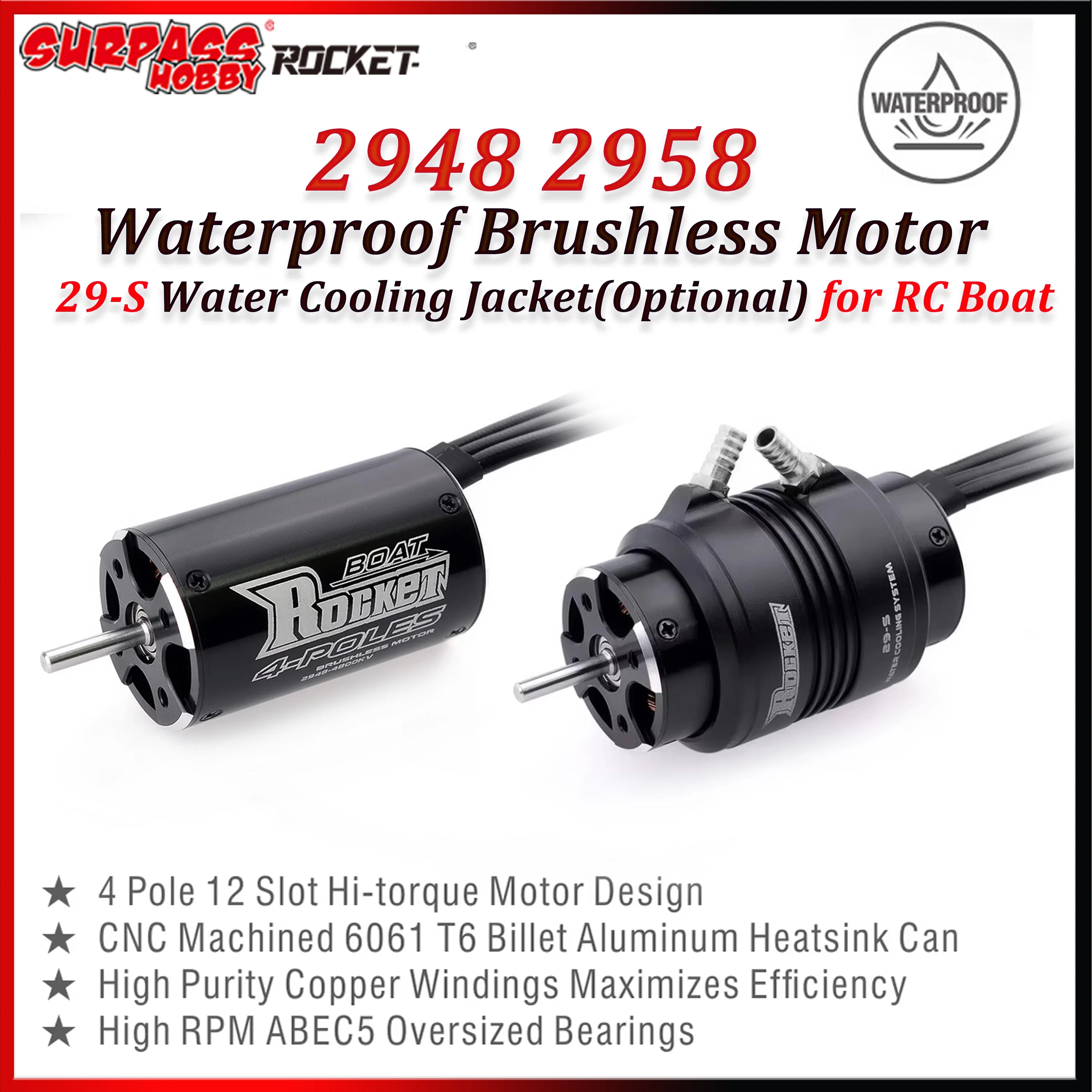 

Rocket 2948 2958 Waterproof Brushless Motor 29-S Water Cooling Jacket for RC Boat 600-800mm Traxxas Feilun FT011 FT012 Model