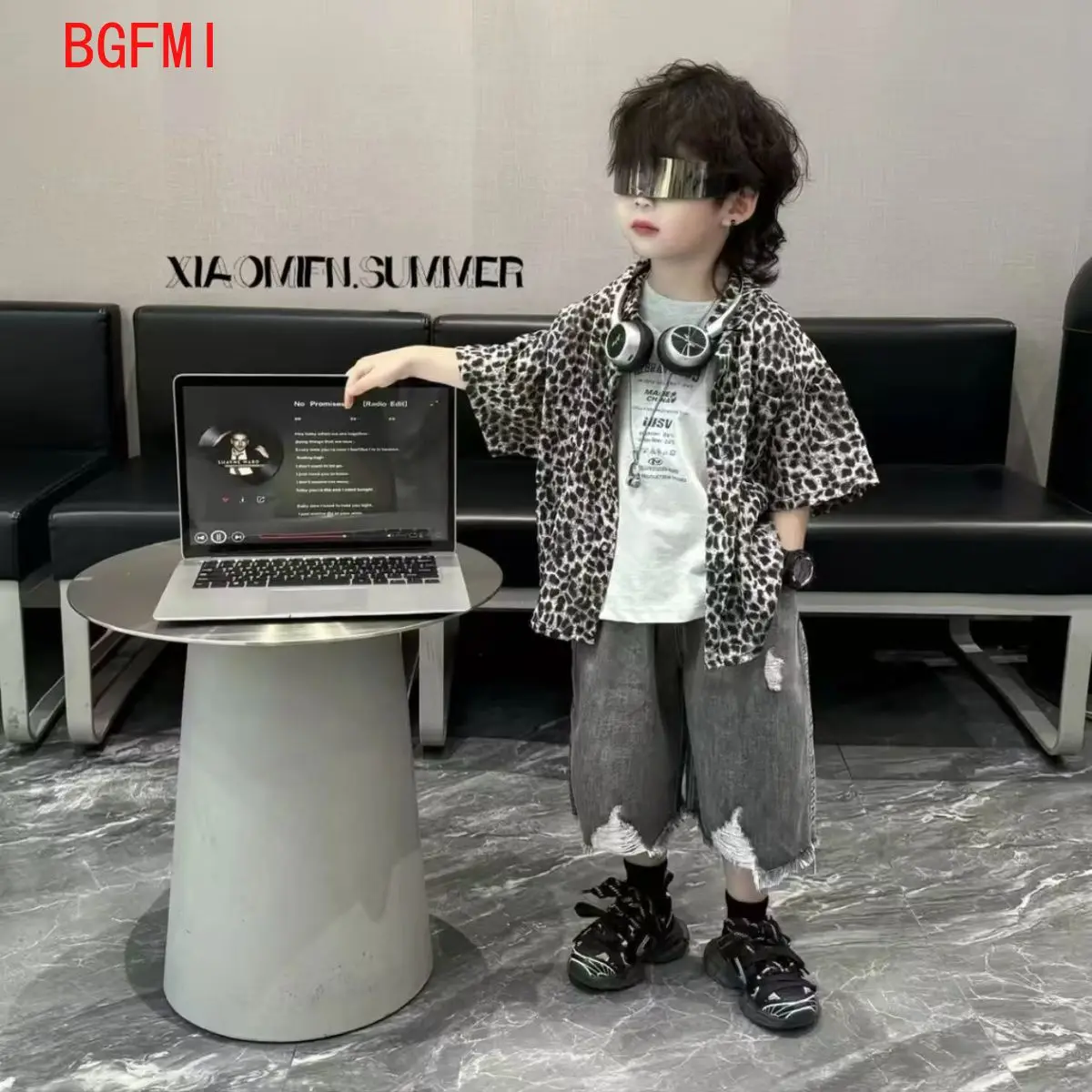 Korean Kids Boys Summer Clothes 3pcs Set Summer Children's Leopard Dot Shirt White Letter Tank Top Punched Denim Shorts Capris