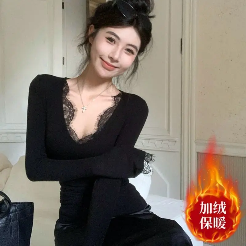 

Black Velvet Base Shirt for Women Pure Desire Style V-neck Lace Western-style T-shirt Slim Fit Long Sleeved Top for Women