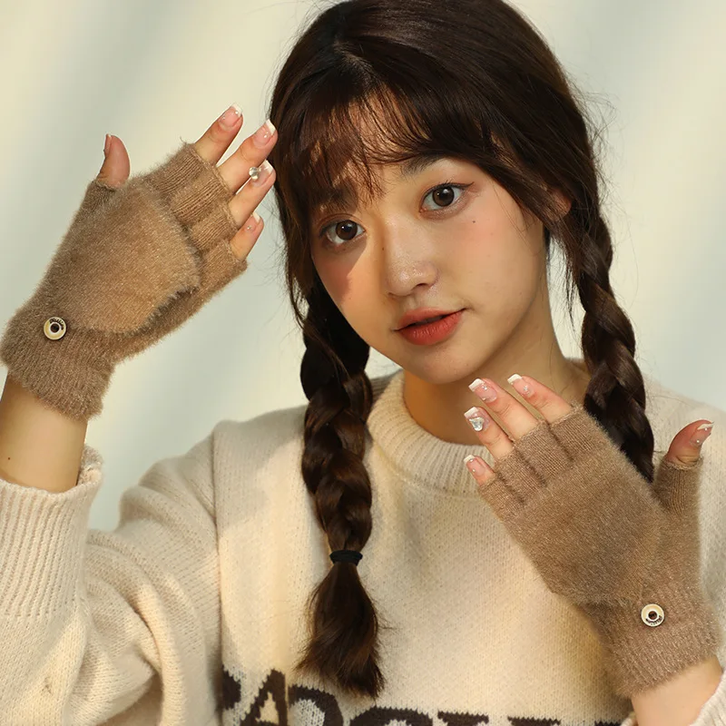 Flip Fingerlose Halbfingerhandschuhe Weich Verdickt Warm Mädchen Student Geschenk Geburtstagsgeschenk Touchscreen Modischer Winter