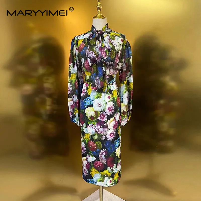 

MARYYIMEI Spring Women's Silk Suit Scarf Collar Long sleeved Loose Shirts Top＋Package hip Floral print Skirts Two Pieces Set