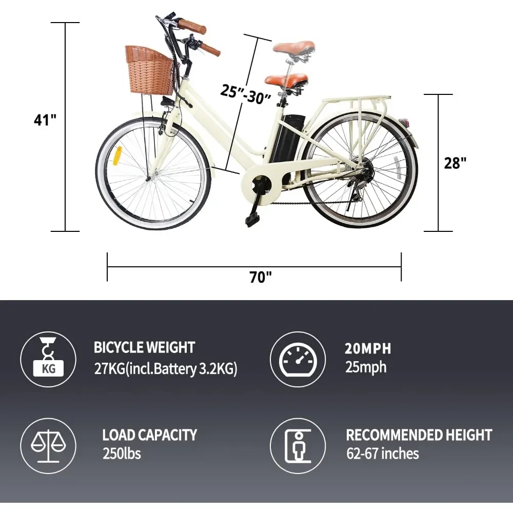 Electric Bike 350W Up To 40 Miles with Removable Battery, Speed Gear and Shock Absorber,  Adults Commuting Cruise Electric Bike