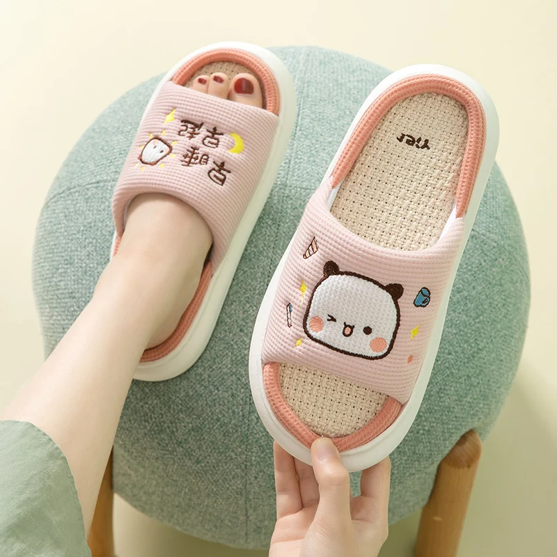 

Kawaii Bubu Dudu Panda Women Slippers Leisure Home Slides Outdoor Non-slip Thick Sole Couple Hemp Sandals Ladies Shoes