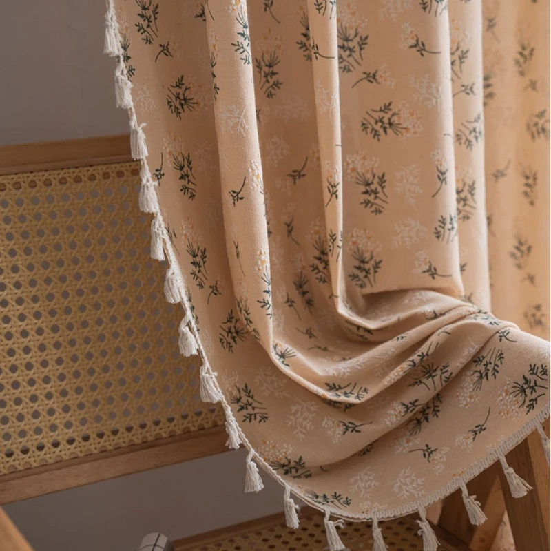 French Style Retro Floral Print Tassel Curtain Cotton Decoration Semi-shading Small Window Curtains Bedroom Living Room Valance