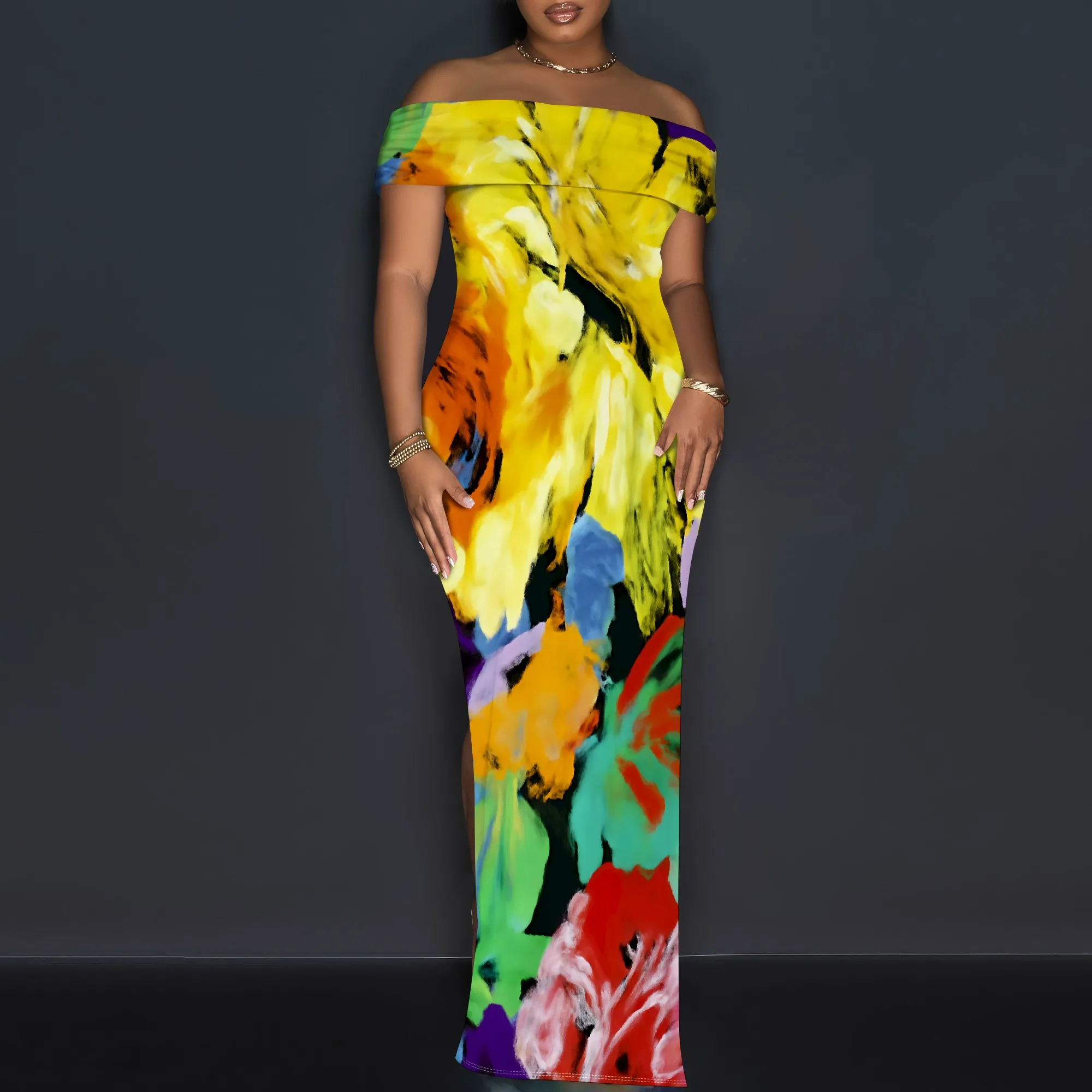 

Colorful Abstract Print Off-Shoulder Maxi Dress XS-3XL for Summer Party, Art Show or Evening Event Look