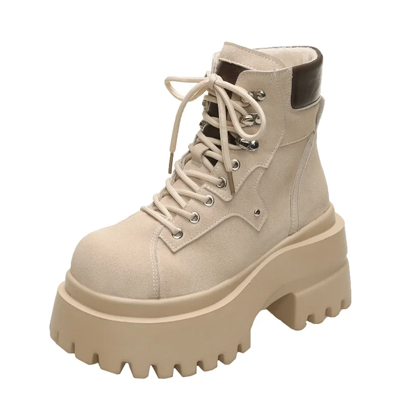 

New Women Suede Leather Ankle Boots Winter Warm Fur Snow Shoes 9CM Chunky Heels Motorcycle Boots Woman Thick Bottom Short Bootie