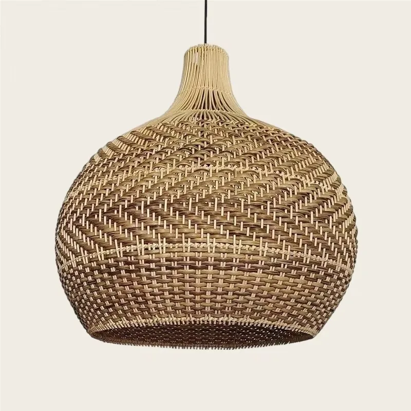 

Farmhouse style hand-woven natural bamboo lampshade rattan wicker pendant adjustable height