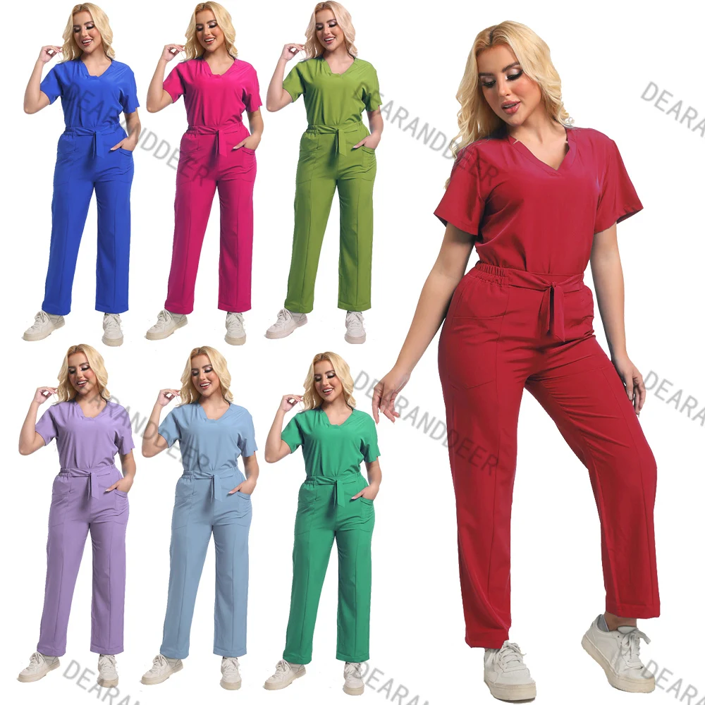 

New Nurse Medical Quick-drying Set V-neck Shirt Pocket Waist Pants Beauty Salon Operating Room Doctor's Surgical Work Uniform