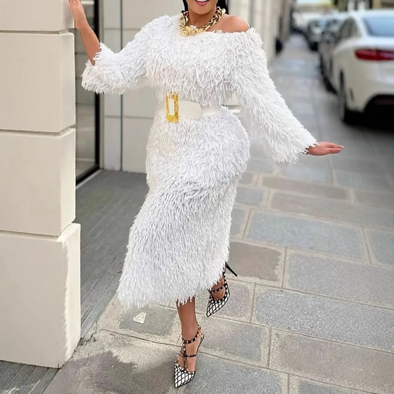 Winter Evening Dress Woman Long Sleeve Off Shoulder White Elegant Dresses with Belt Chic Faux Fur Dress Wholesale Dropshipping