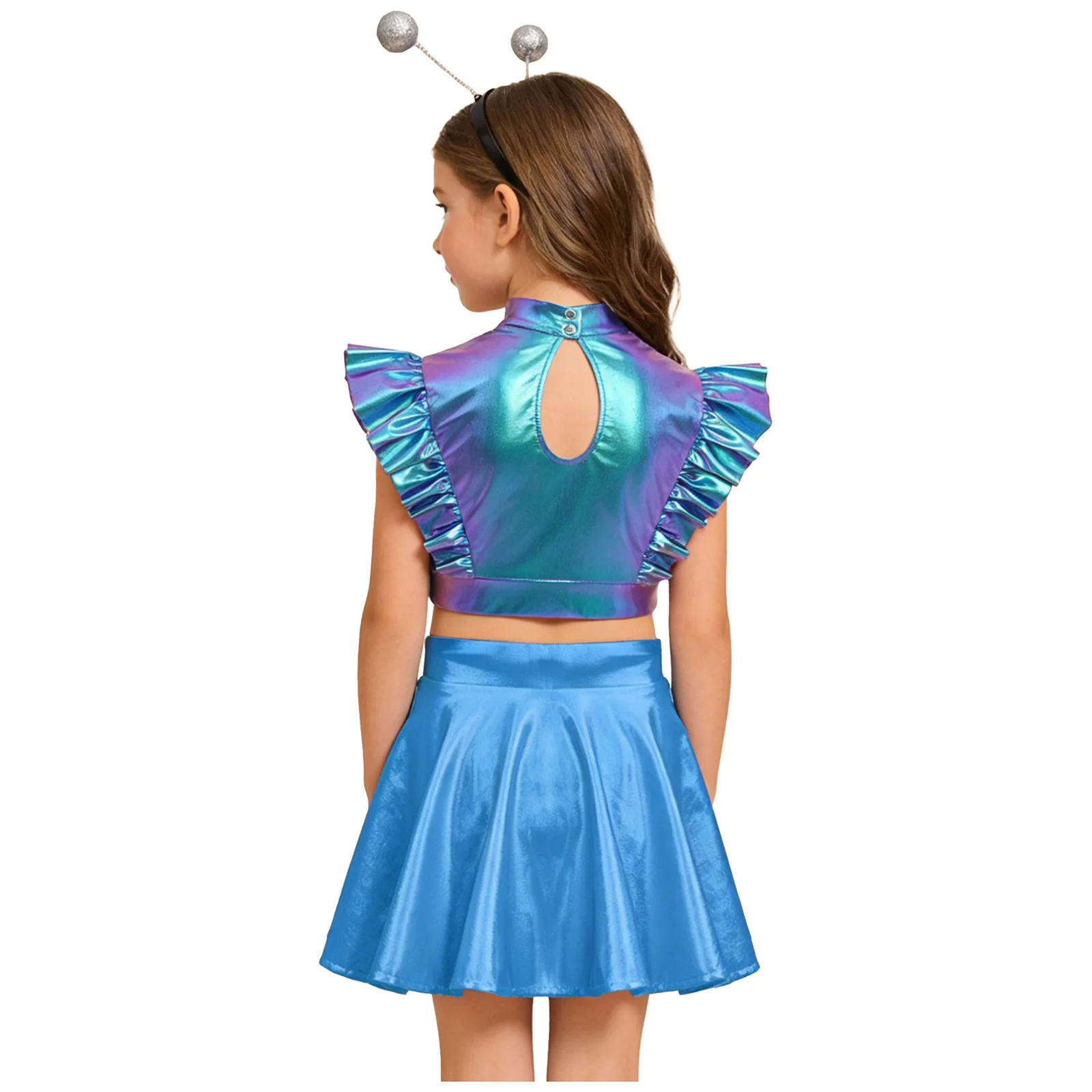 Kids Girls Alien Robot Cosplay Costume Metallic Shiny Crop Tops with Skirt Hair Hoop Halloween Outer Space Theme Party Dress Up