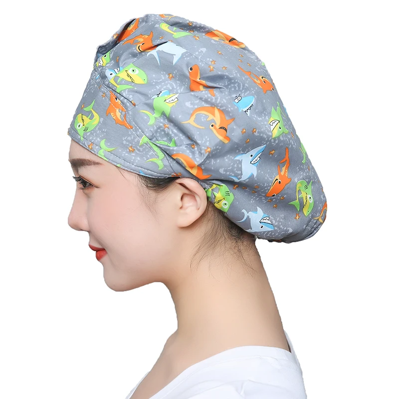 Printed Sweatband Scrubs Caps Women Bandage Buttons Working Hats Elastic Adjustable Washable Cotton Nursing Workwear Hats