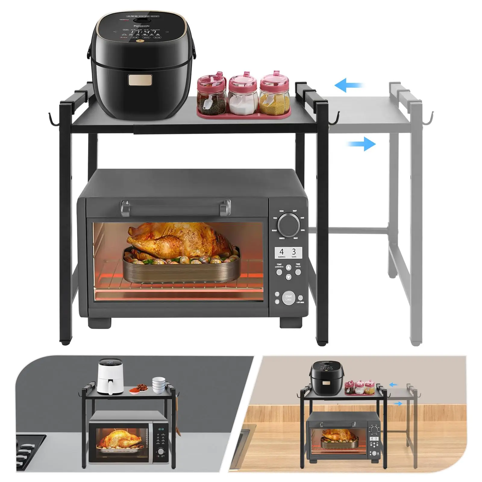 رف فرن ميكروويف قابل للتمديد، رف طاولة مطبخ قابل للتعديل شديد التحمل، حامل ميكروويف من طبقتين مع 6 خطافات لملابس المطبخ