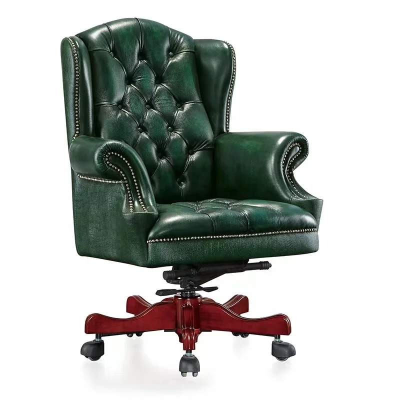 Vintage Leather Office Chair Luxury Wooden Base Swivel & Lift Executive Chair Tufted Button Back Lounge Chair