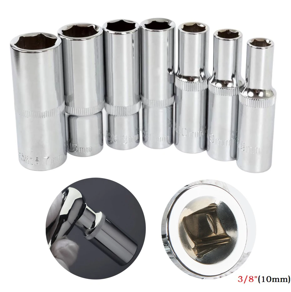 1PC 3/8inch Deep Socket Adapter Hex Socket Wrench Heads Chromium-vanadium Steel Wrench Adapter Ratchet Tool 8-24mm