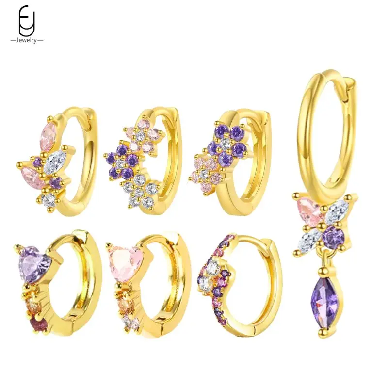 

Pink Purple Zircon Hoop Earrings 925 Sterling Silver Needle Exquisite Flower/Heart Shape Earrings For Women Luxury Jewelry
