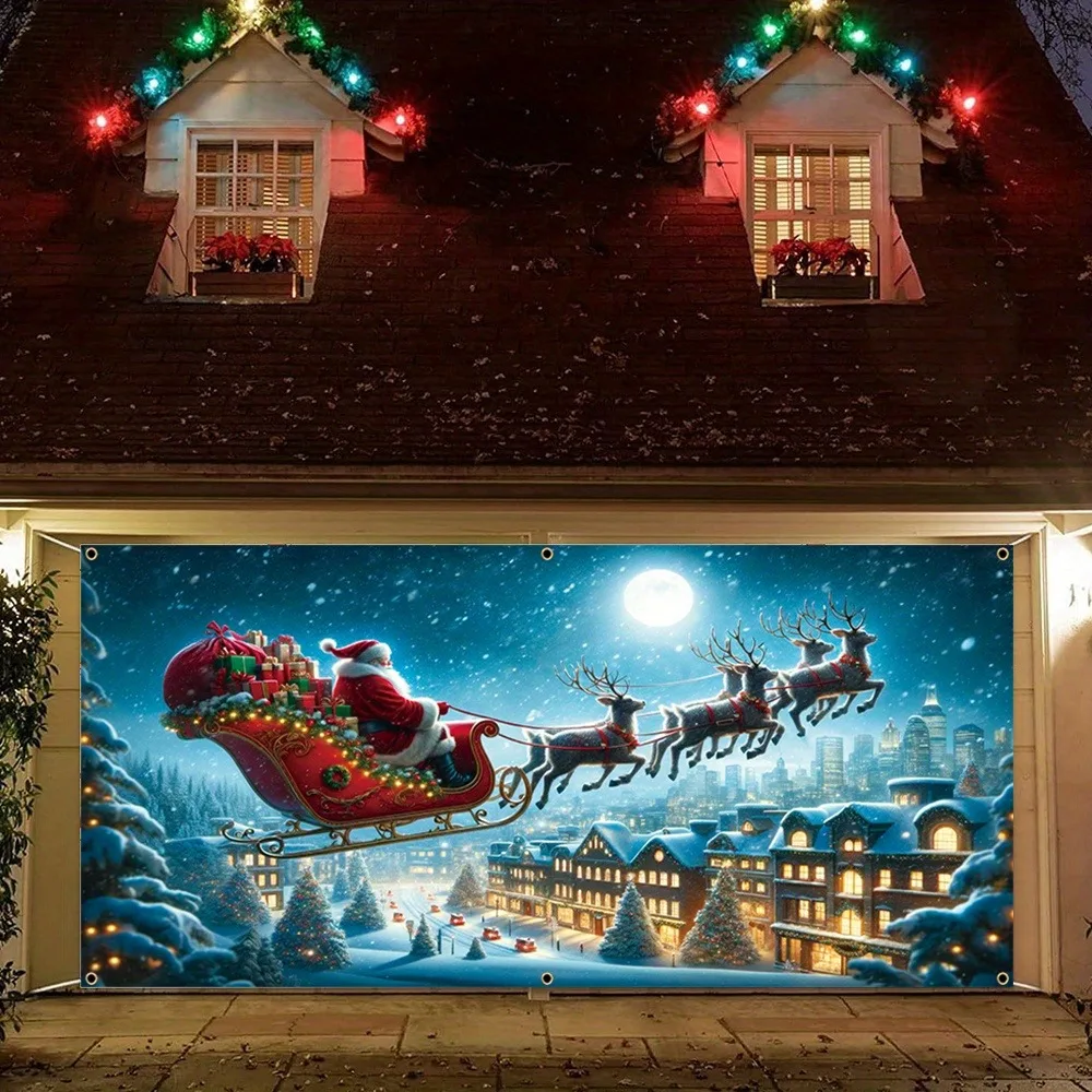 Large Christmas garage door banner Santa with reindeer sleigh design, durable polyester