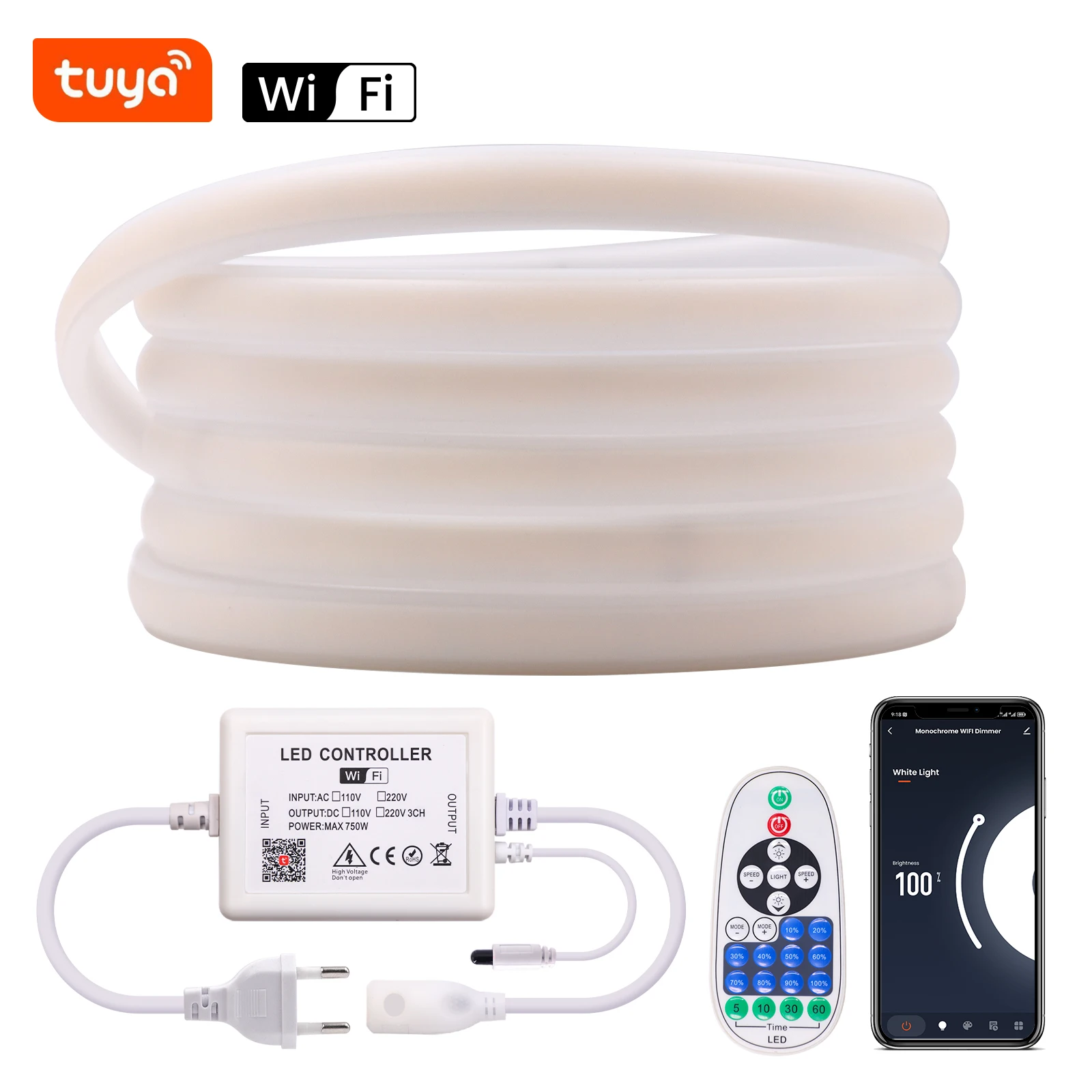 Tuya Wifi Bluetooth ściemniania AC 220V COB lampa neonowa 288 diod/M IP65 wodoodporny Panel sterowania elastyczną taśma wstążkowa taśmą LED