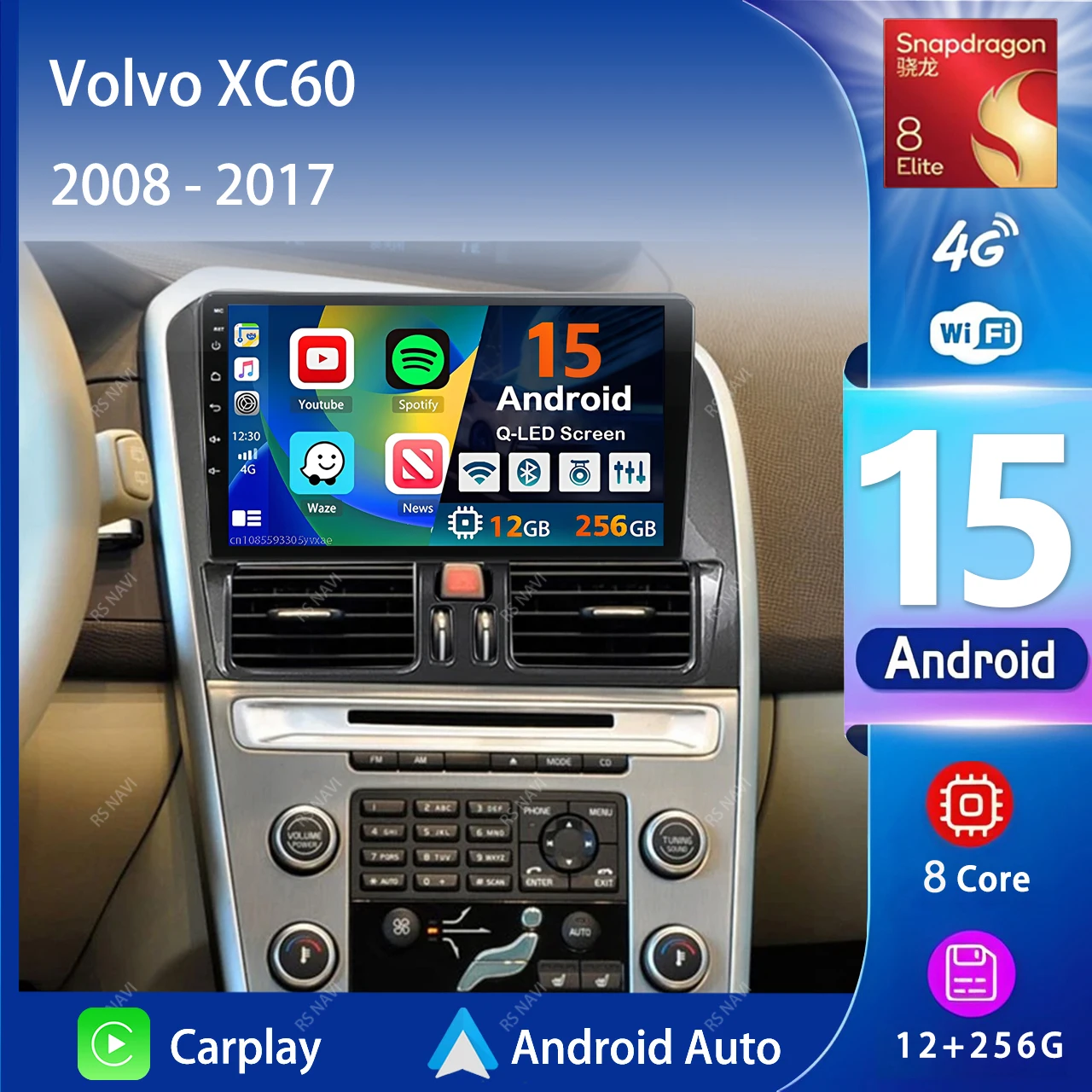 Hikity Autoradio 9 Android 15 Für Volvo XC60 2008-2013 GPS Autoradio Dab Optional Fm Rds Fm Rds Carplay Android Auto Spiegel Link S01fj0sz