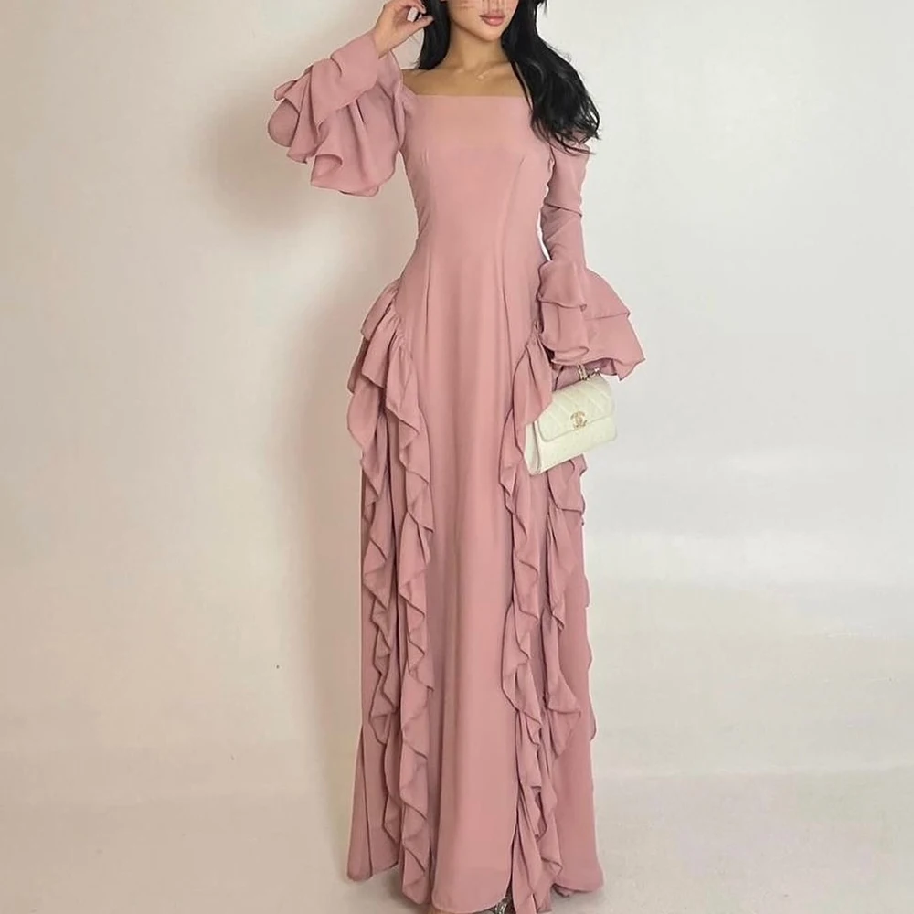 

Elegant Straight Elegant Party Dresses Woman Pink Long Sleeves Jersey Square Neck Floor Length Pleats Sweep Train Classic Women