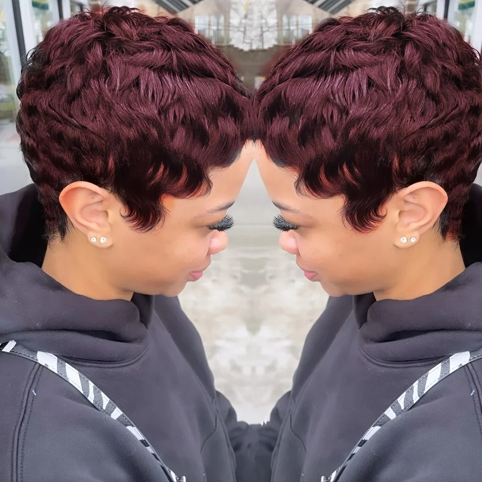 人毛ショートピクシーカットレミーウィッグフルマシンメイドボブウィッグ前髪付き