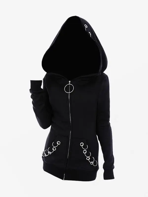 New Arrived Gothic Hooded Coats Black Grommets O-ring Zip Up Pocket Outwears Tops Spring Autumn Wide-waisted Jacket
