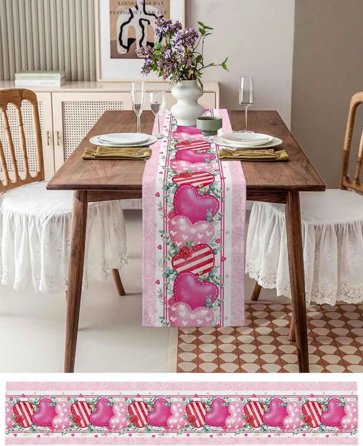 Valentine's Day Pink Love Rose Flower Heart Linen Table Runner Wedding Party Decor Spring Green Eucalyptus Leaves Table Runners