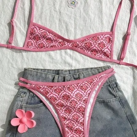 

Swimwear Woman 2026 Bikini Backless String Top Bikinis Floral Pattern Thong Bottom Swimsuit Women's Two-piece Beachwear Sets