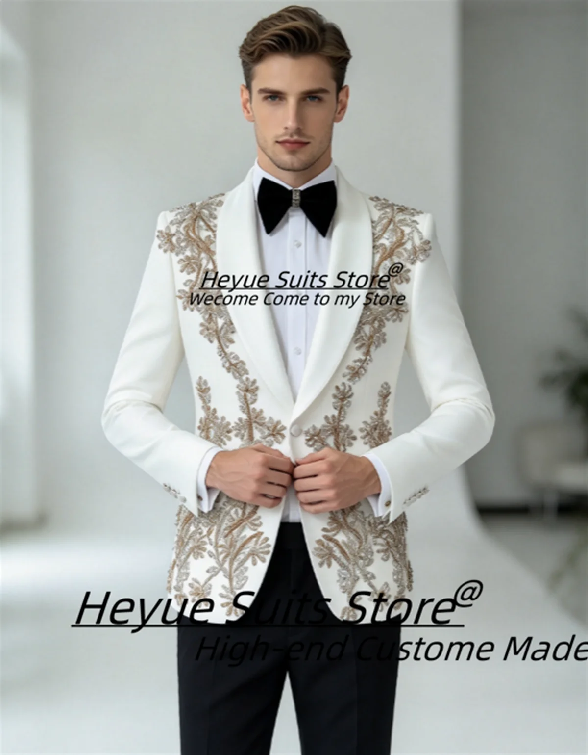 Elegant White Groom Wedding Tuxedo Customized Shawl Lapel Gold Floral Beaded Embroidery Men Suits Male Party Blazers Ropa Hombre