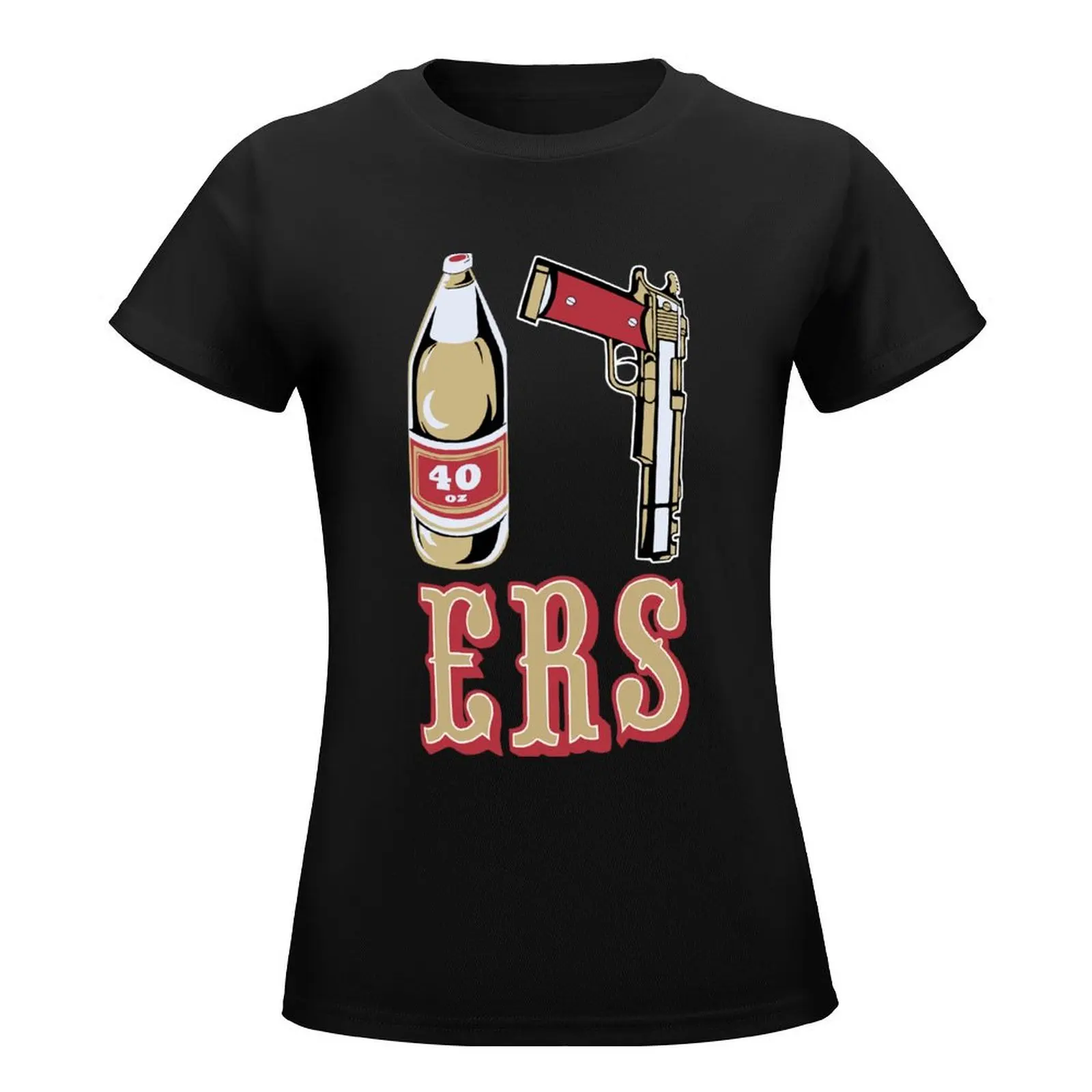 Cool Mens Black 49ers 40 OZ 9MM Gold Gun T-Shirt tops shirts graphic tees summer tops plus size tops Women's