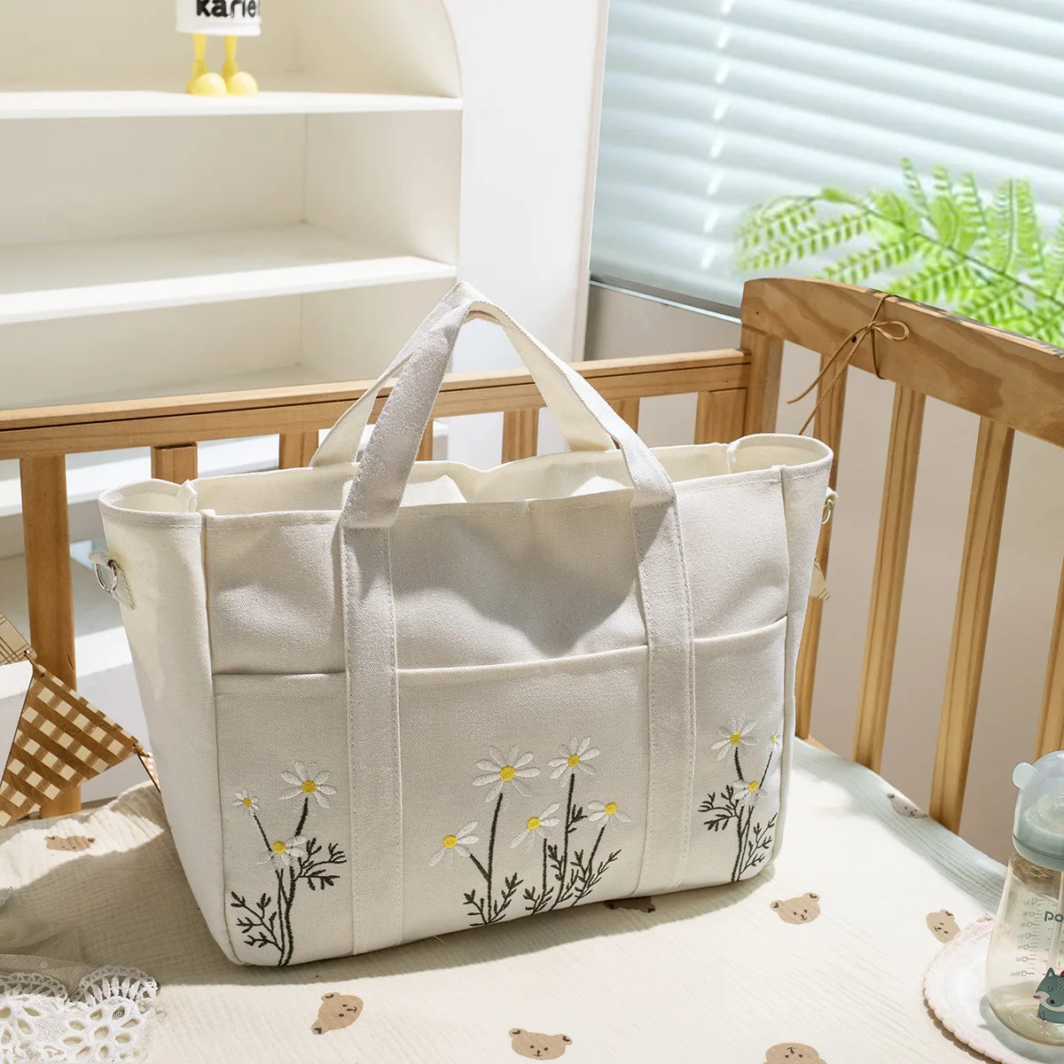 

Flowers Embroidery Mommy Bag Multi-pocket Canvas Diaper Bag for Mom Large Capacity Nappy Organizer Baby Items Women Tote Bag