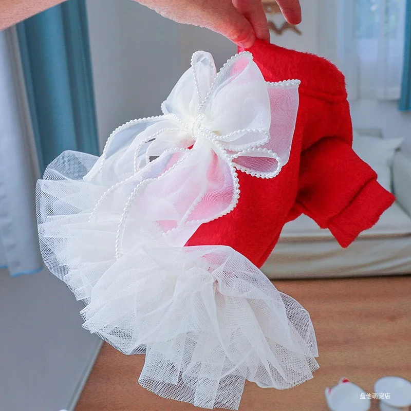 1PC Pet Clothing Cat Autumn Winter Thickened Warm New Year Red Bow Pearl Princess Dress Suitable for Small and Medium sized Dogs