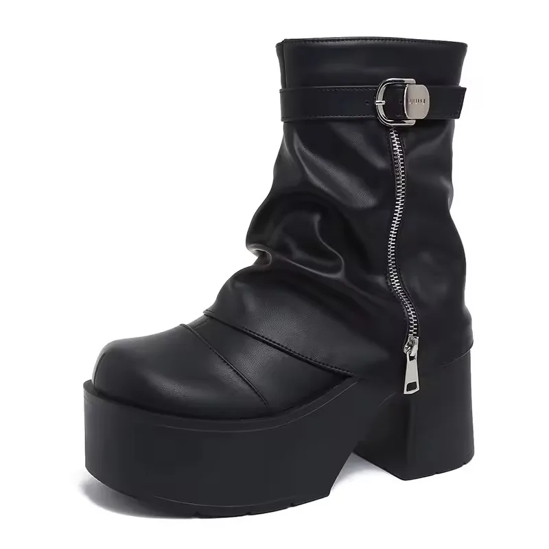 

Зимние женские ботильоны 9 см, плюшевые ботинки с пряжкой и ремешком, ботинки на платформе и высоком каблуке, вечерние ботинки с боковой молнией, черные кожаные туфли